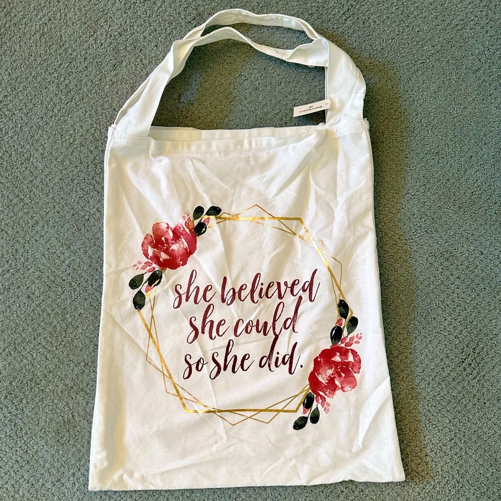 Cost Plus World Market White Tote Bag with Red Floral Wreath and Gold Accents